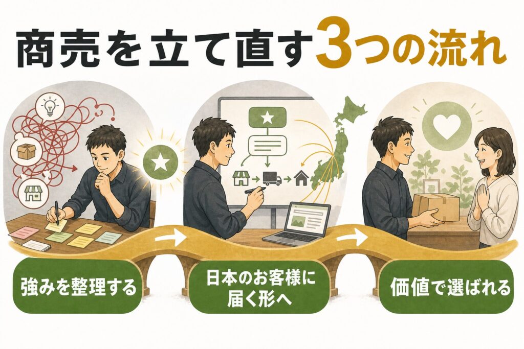 強みを整理し、伝え方を整え、価値で選ばれるまでの3段階を示す図解