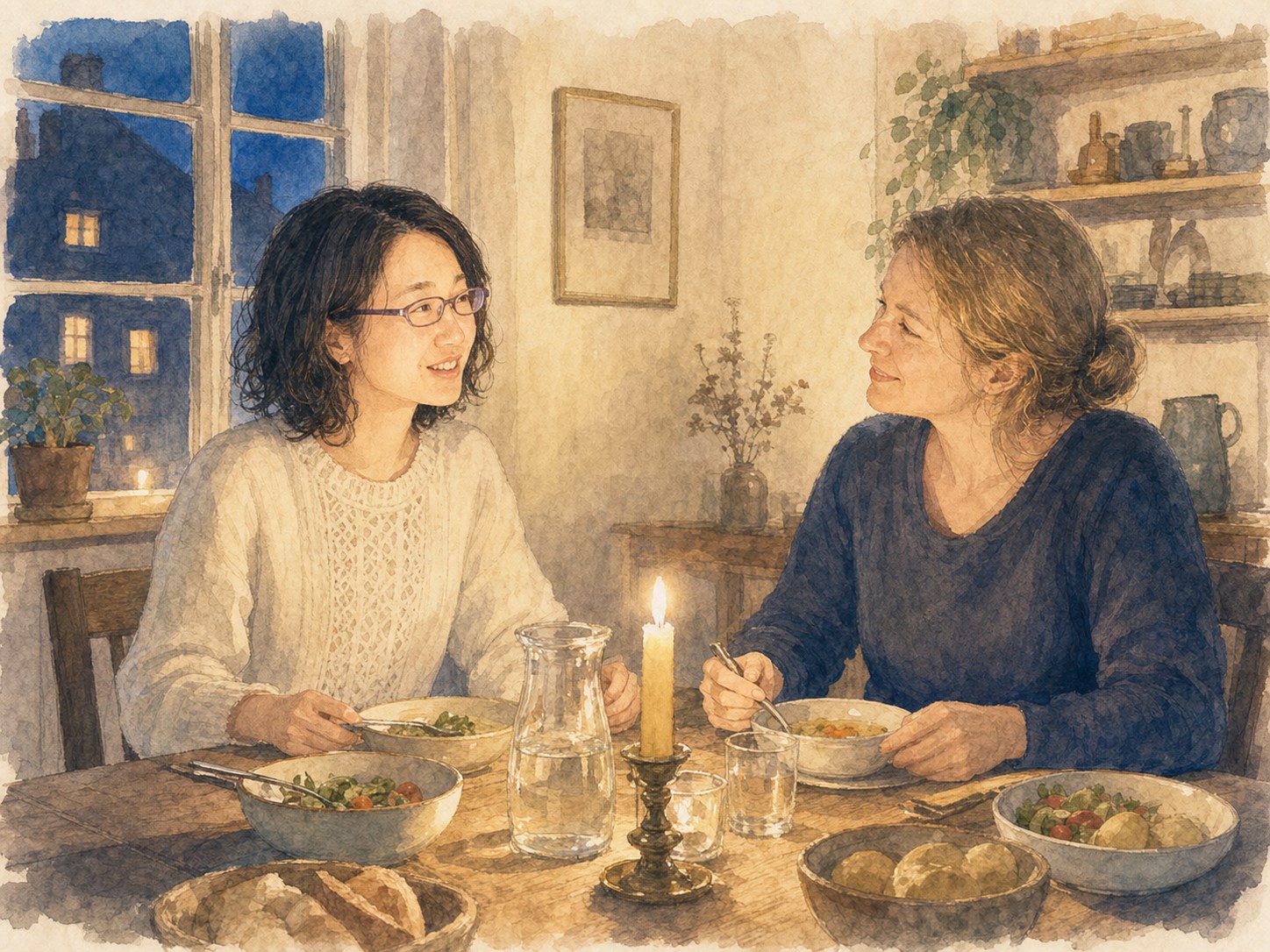 日本人の学生がドイツの家庭でろうそくの灯りを囲み、暮らしの豊かさに気づく水彩イラスト