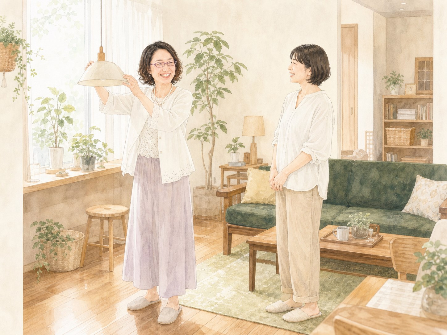住まいの専門家と相談者が照明や植物を整え、安心して過ごせる家をつくる水彩イラスト