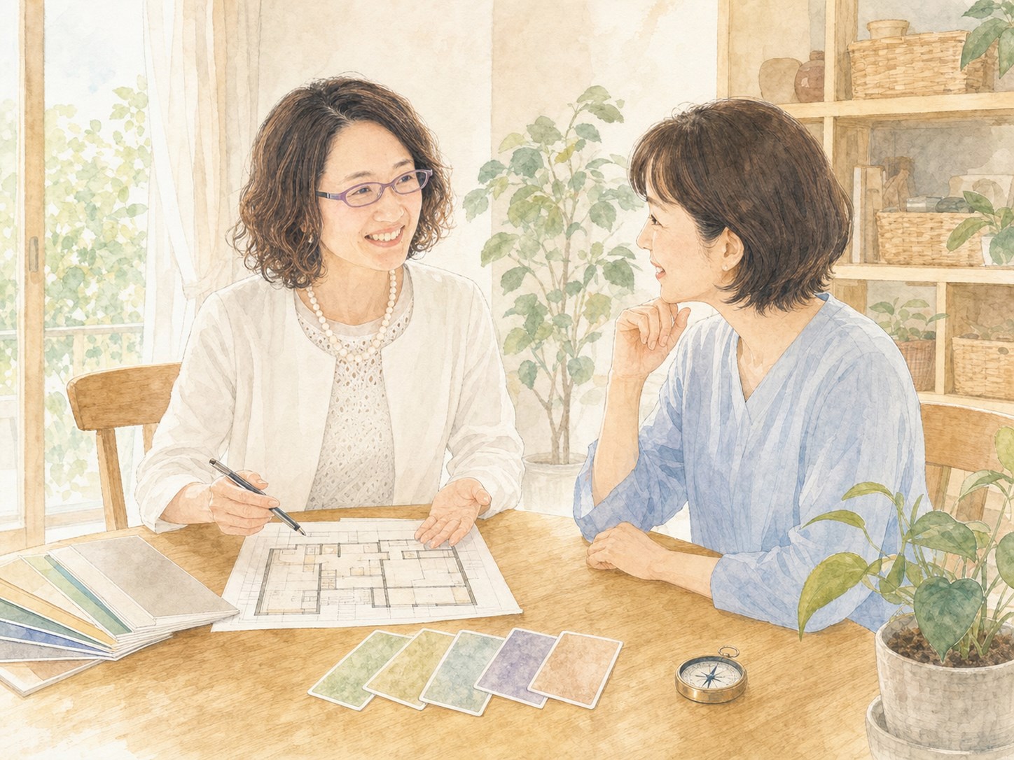 住まいの専門家が相談者と間取り図や色見本を囲み、家を整える方法を話し合う水彩イラスト