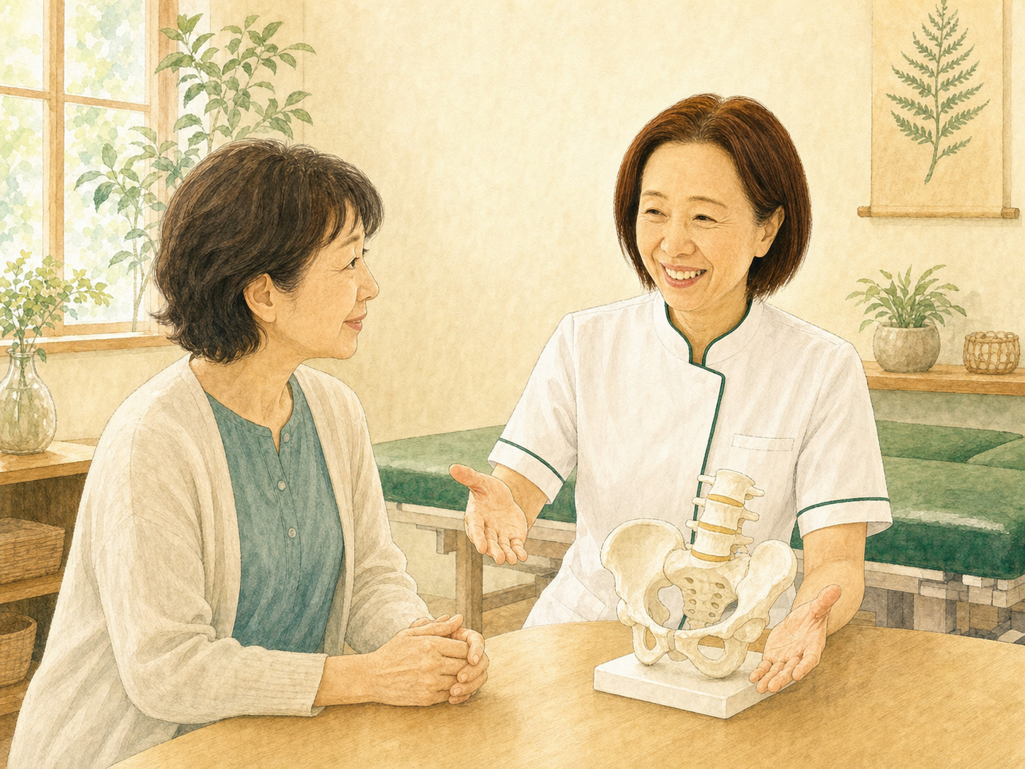 涌谷保才子さんが骨盤模型を使って体の状態を丁寧に説明する様子