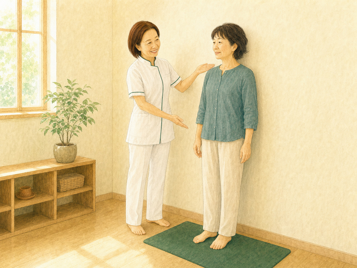 涌谷保才子さんが相談者に自宅でできる姿勢確認を伝える様子